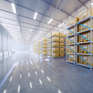3d rendering of warehouse building and box packaging in shelf suitable for industrial background.